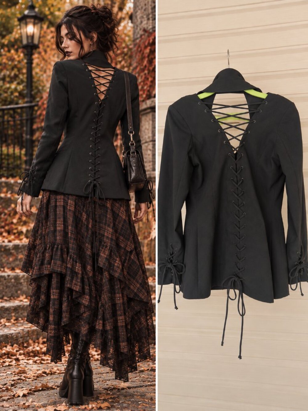 Le Chateau Black Stretch Tailored Blazer Lace Up Back Sleeves Whimsigoth M